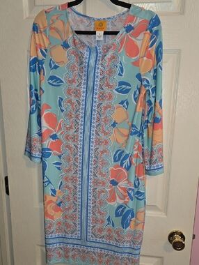 Ruby Rd. Aqua and Coral Geometric Floral Top
